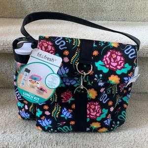 Lunch bag with food storage containers and water bottle